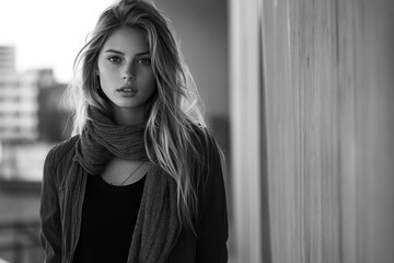 Fashion model in urban setting with natural light and copy space on right