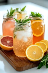Refreshing citrus cocktails in mason jars garnished with fresh herbs and citrus slices, served on wooden board with grapefruit and orange halves.