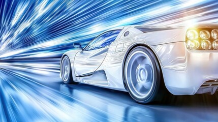 White Supercar Speed Blur: Racing Through a Futuristic Tunnel