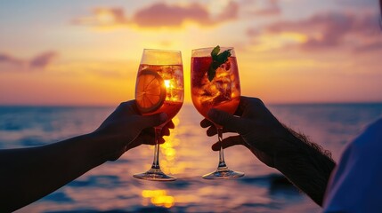 A sunset scene where the couple is toasting their Spritz drinks with bright smiles.