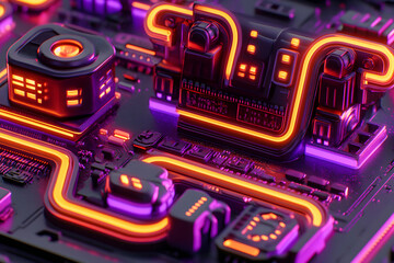 Abstract neon glowing circuit board, futuristic technology background.  Vibrant purple and orange hues.