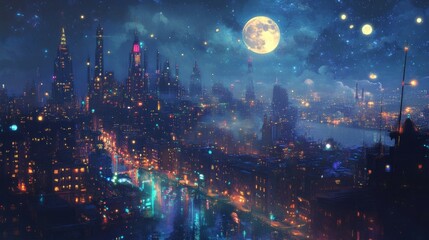 Obraz premium A magical cityscape at night, with twinkling lights, bustling streets, and a full moon shining bright. A magical cityscape at night, with twinkling lights, bustling streets, and a full moon shining 