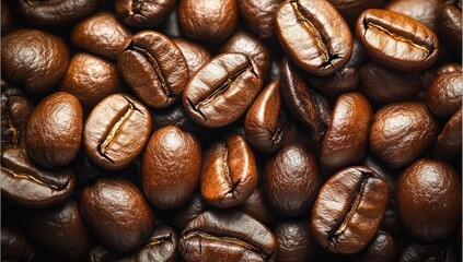 Fototapeta premium Roasted coffee beans closeup, studio shot, background blur, food packaging