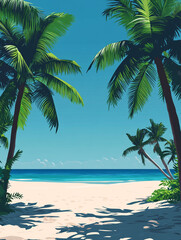 A beach scene in the summer, with palm trees on the sandy beach and a clear blue sky. In the center, there is an open space on the beach, creating a focal point.