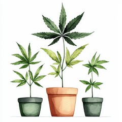 Fototapeta premium Illustration of three cannabis plants in pots, showcasing vibrant green leaves in a natural, artistic style.
