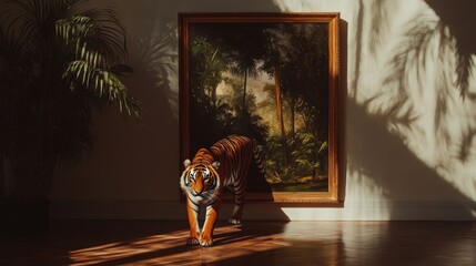 A surreal photograph of a tiger stepping out of an oil painting and into a room. The painting depicts a lush jungle scene. The tiger in the painting is entering the room onto the floor, merging 