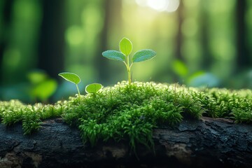Saplings sprouting on mossy log, sunlit forest background, nature renewal