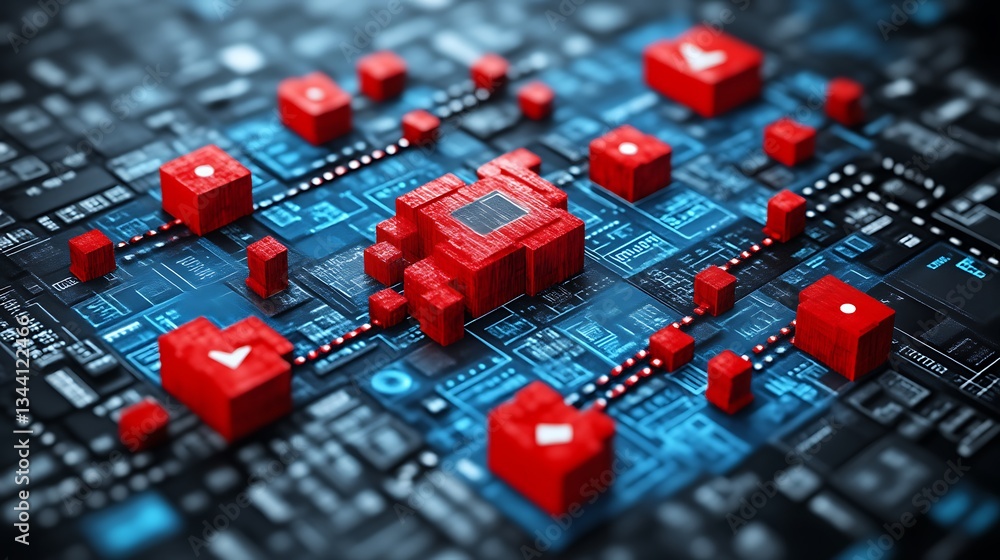 Poster abstract technological representation with red blocks on a circuit board pattern