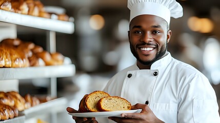 African American male chef in white uniform and hat smiling while presenting freshly baked bread slices on wooden board in bakery with pastries on shelves in background.