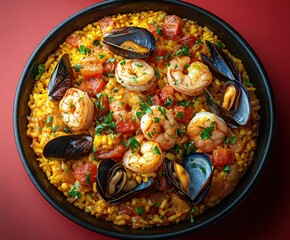 Seafood Paella Dish Red Background Restaurant Menu