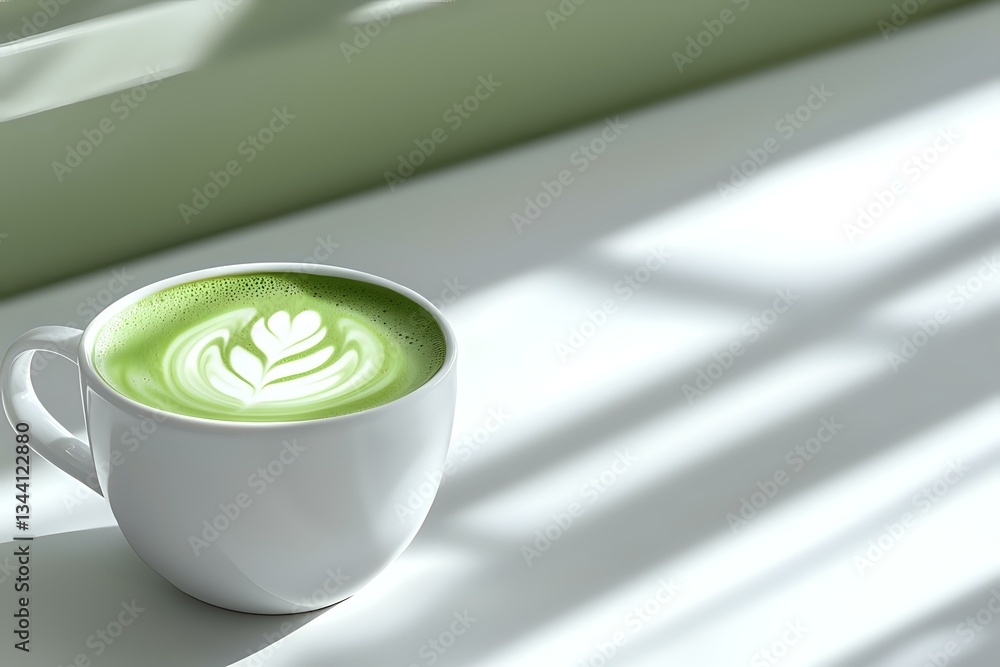 Poster green matcha latte with artistic foam heart design in white ceramic cup on light surface with diagon