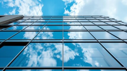 Modern building featuring large glass windows reflecting the sky