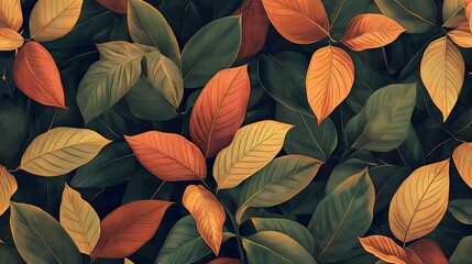 Beautiful green and orange leaves overlapping to create a nice pattern