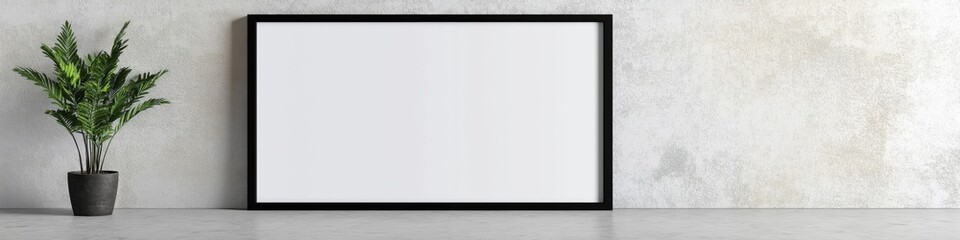 A black framed white picture sits on a wall. The frame is empty and the wall is white. A potted plant sits next to the frame