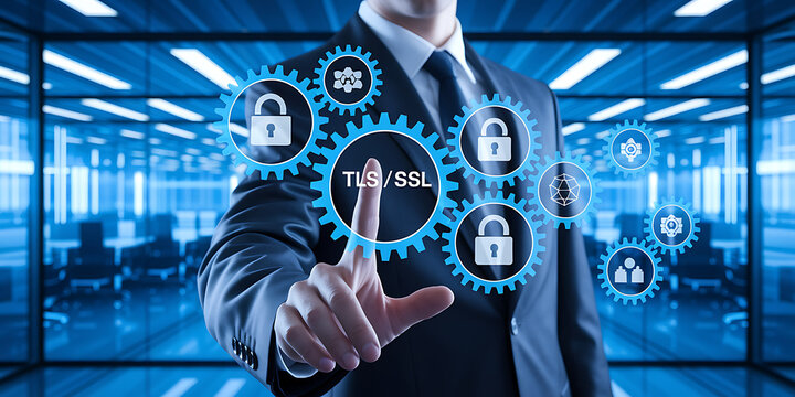 TLS/SSL Encryption &ndash; Secure Data Transmission & Cybersecurity, secure connection, HTTPS, website security, digital certificate, data encryption, network security, TLS handshake, SSL certificate.