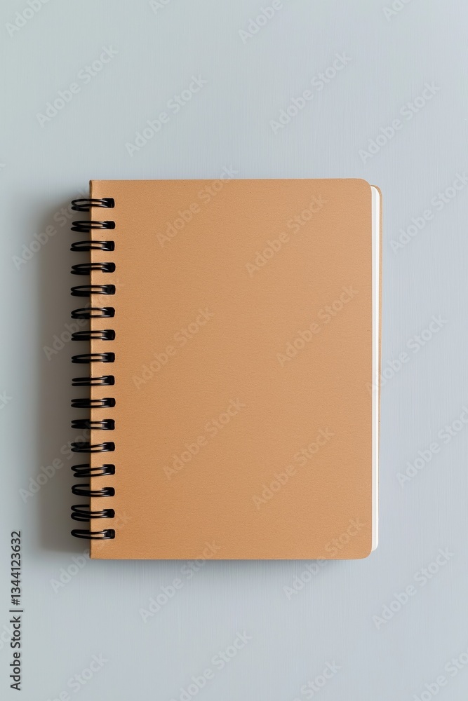Poster a brown spiral bound notebook sits on a grey surface. the notebook is empty and ready to be filled w