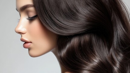 Fototapeta premium Close-up profile of a young woman with flowing, glossy hair against a neutral background, highlighting beauty and elegance
