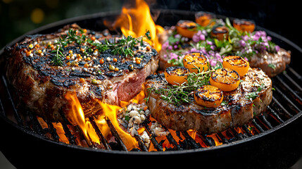 Grilled Steak And Vegetables With Flames And Aromatic Herbs On A Charcoal Barbecue