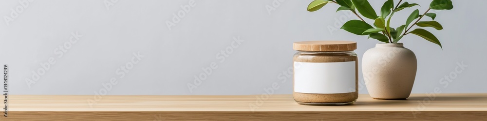 Poster a jar of jam is placed on a wooden table next to a vase with a plant in it. the table is made of woo