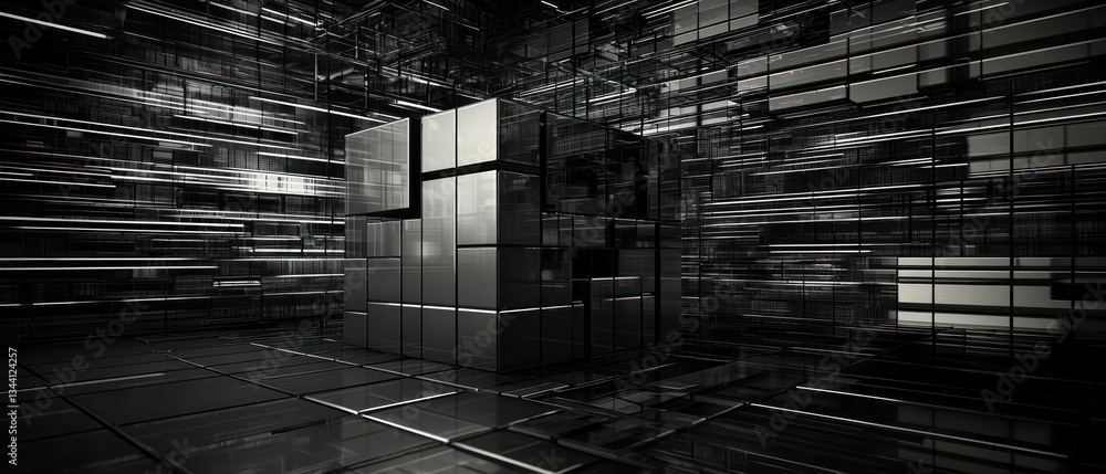 Aufkleber abstract metallic cube structure in a dark digital space