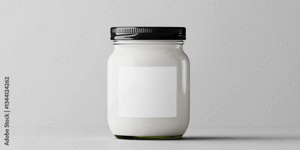 Poster a jar of white cream is sitting on a white surface. the jar is empty and has a label on it