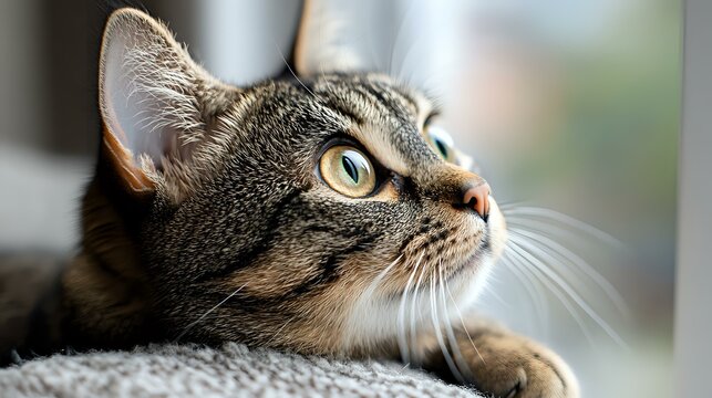 Close up portrait of tabby cat with yellow eyes looking up attentively, showing detailed fur texture and whiskers against soft blurred background.