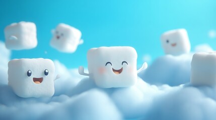 Adorable small little marshmallows running around a cloud, chatting to each other and there are loads of tge 