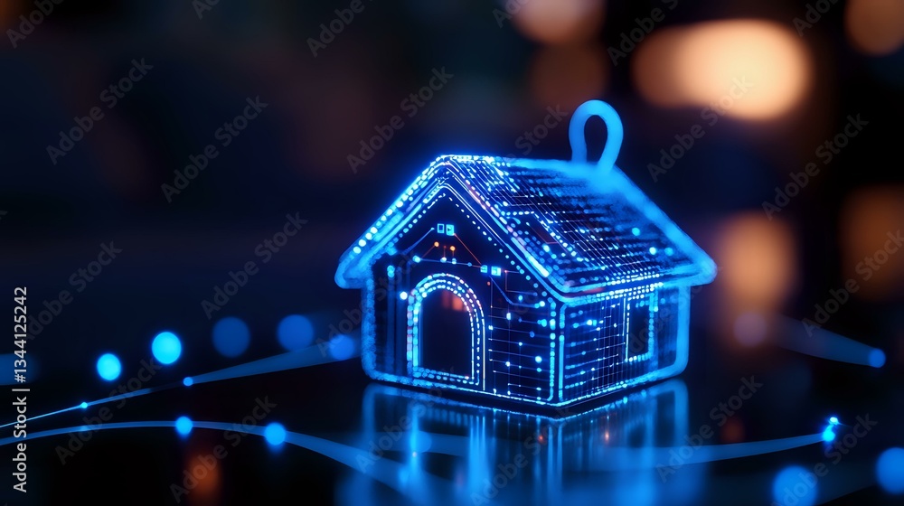 Poster glowing blue neon house on circuit board pattern with bokeh background creates futuristic smart home