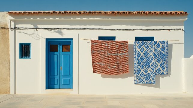 Colorful patterned textiles hanging on a whitewashed wall beside a blue door in a sunny location