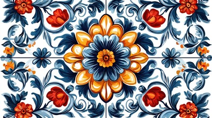 Vibrant floral pattern featuring blue, orange, and red flowers on a white background