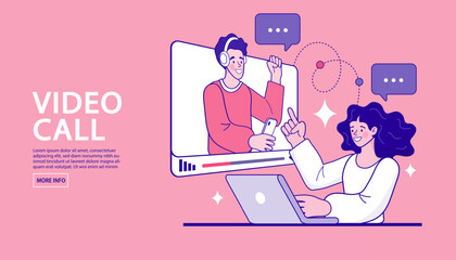 A woman on a laptop communicates with a man in a video call, a vector illustration of remote conversation and virtual meetings. This concept is for online communication and customer support.