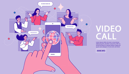 A person uses a smartphone for an international video call, connecting with a global team. This first-person view illustrates a mobile app for online communication with friends or a remote business. 