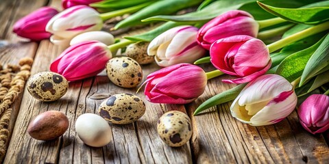 Macro Spring Still Life: Pink & White Tulips with Quail Eggs on Rustic Wood