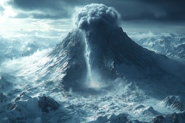 Snow-capped volcano erupting, mountain range, ash plume