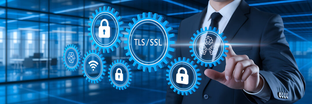 TLS/SSL Encryption &ndash; Secure Data Transmission & Cybersecurity, secure connection, HTTPS, website security, digital certificate, data encryption, network security, TLS handshake, SSL certificate.