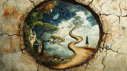 Creative Masterpiece; a magnificent surreal scene within a cracked open half-circular yin-yang ancient stargate. The circle edge decorated with twisted ancient bonsai with victorian cottages and 