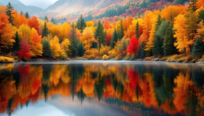 Naklejka premium Autumnal Reflections: A Serene Lake Mirroring Vibrant Fall Foliage