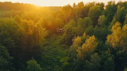 Obraz premium Aerial view of a drone flying over a lush green forest during sunset, capturing nature's beauty and tranquility