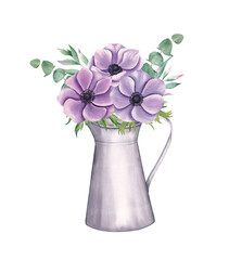Watercolor bouquet with purple anemones, leaves eucalyptus branches. Hand drawn illustration beautiful floral flower in jug.