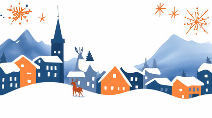 Festive winter village scene with reindeer, snowy mountains, and fireworks; ideal for holiday cards