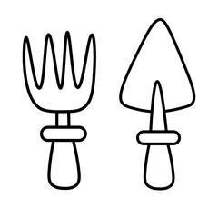 A simple hand-drawn sketch of various gardening tools, outlined in clean lines, perfect for springtime gardening designs.