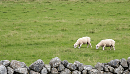 Fototapeta premium Tranquil Pasture: Two Sheep Grazing in a Lush Green Field