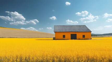 Obraz premium A yellow house sits in a field of yellow grass