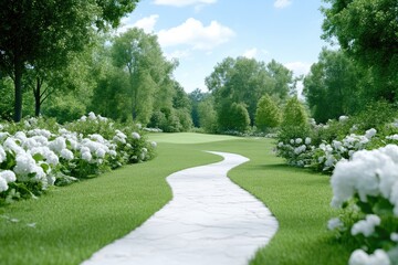 Picturesque Pathway through a Lush Green Park.  A winding white stone path meanders through a vibrant park, lined with lush greenery, flowering bushes, and mature trees.  