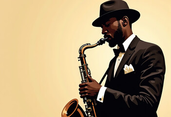 Professional saxophonist in formal suit and hat performing jazz music for concert promotions, music festival advertising, entertainment websites, and educational jazz history materials