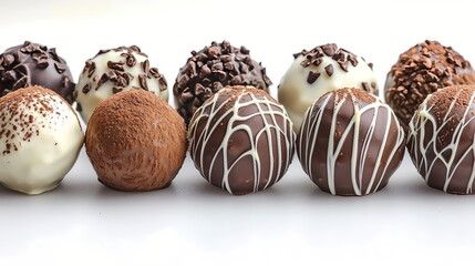 Chocolate truffles row with cocoa and white chocolate drizzle decoration