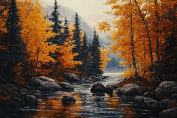 Autumn River Landscape Painting