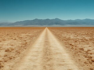 Desert Road Leading to Distant Mountains Under a Clear Sky