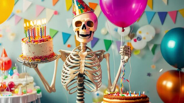 A cheerful human skeleton wearing party hat holding birthday cake and helium balloon on hand celebrating a birthday	
