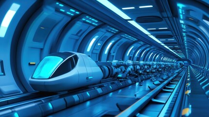 Futuristic train tunnel, automated transport, glowing interior, robots background